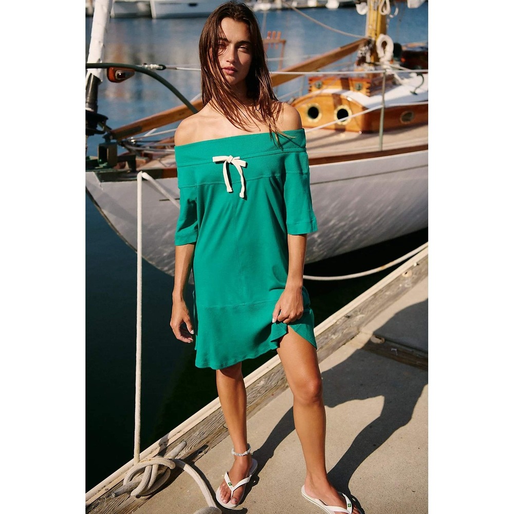 Free People Gemma Mini‎ Dress Cadmium Green Off The Shoulder Women Size L NWT